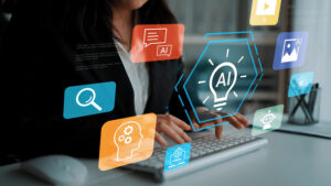 Professional woman typing on keyboard surrounded by digital icons representing technology, creativity, and artificial intelligence in a modern workspace.